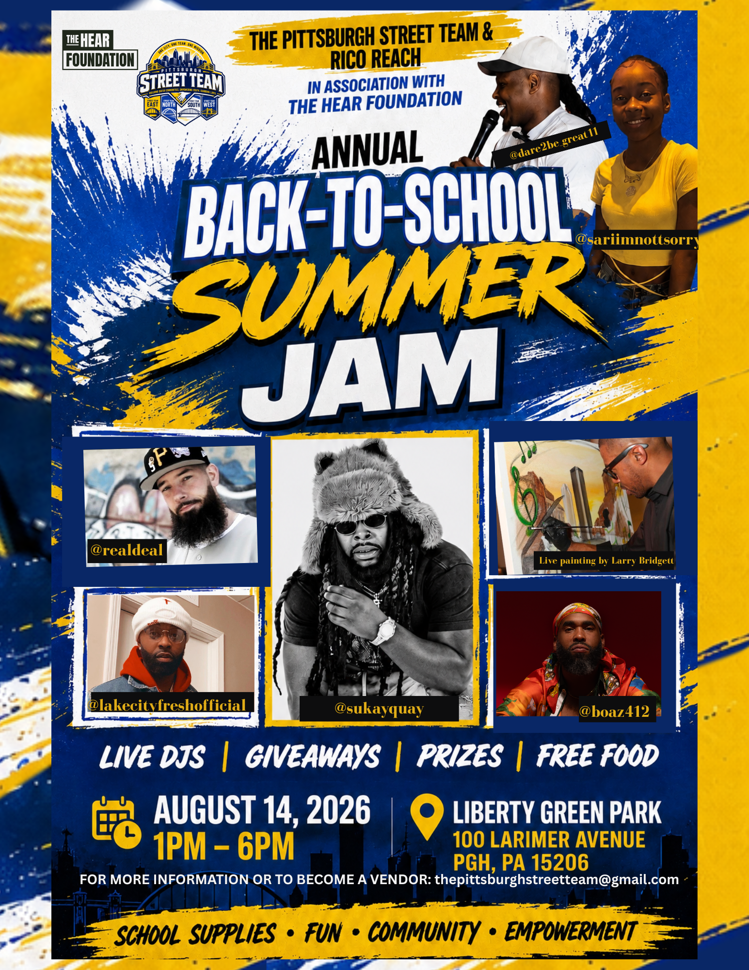 Annual Back-to-School Summer Jam flyer. August 14, 2026, 1:00 PM to 6:00 PM at Liberty Green Park, 100 Larimer Avenue, Pittsburgh, PA 15206. Live DJs, giveaways, prizes, free food.
